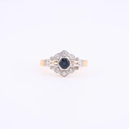 Pierścionek złoty z szafirem i brylantami - próba 585